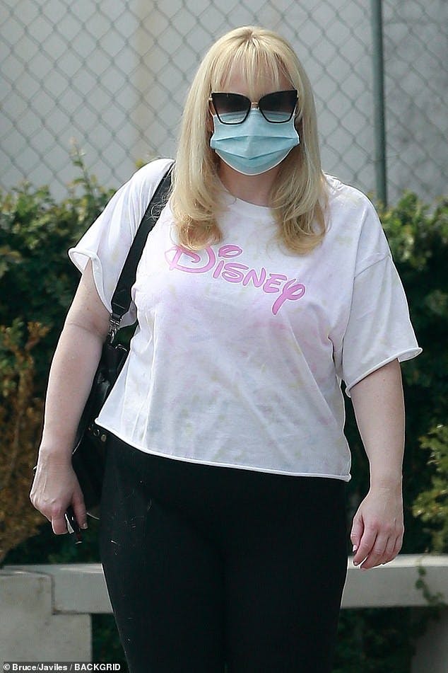 Rebel Wilson wears a face mask as she shows off her incredible 18kg weight loss on her way to a meeting in LA